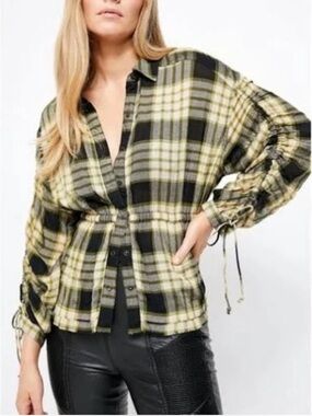 Free People Pacific Dawn Plaid Shirt Snap FrontClosure Drawstring Black